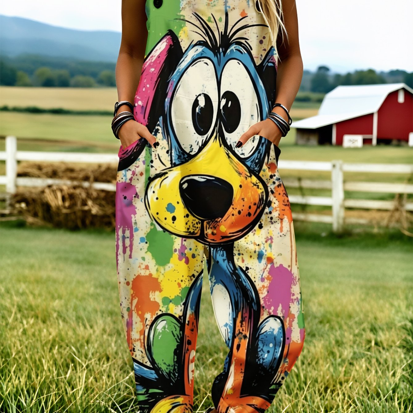 Image of Plus Size, Plus Size Women's Overalls 0xl-5xl Colorful Dog Cartoon Print Pattern Comfortable And Breathable Adjustable Shoulder Straps Wide-leg Pants Loose-fitting Overalls Casual Wear