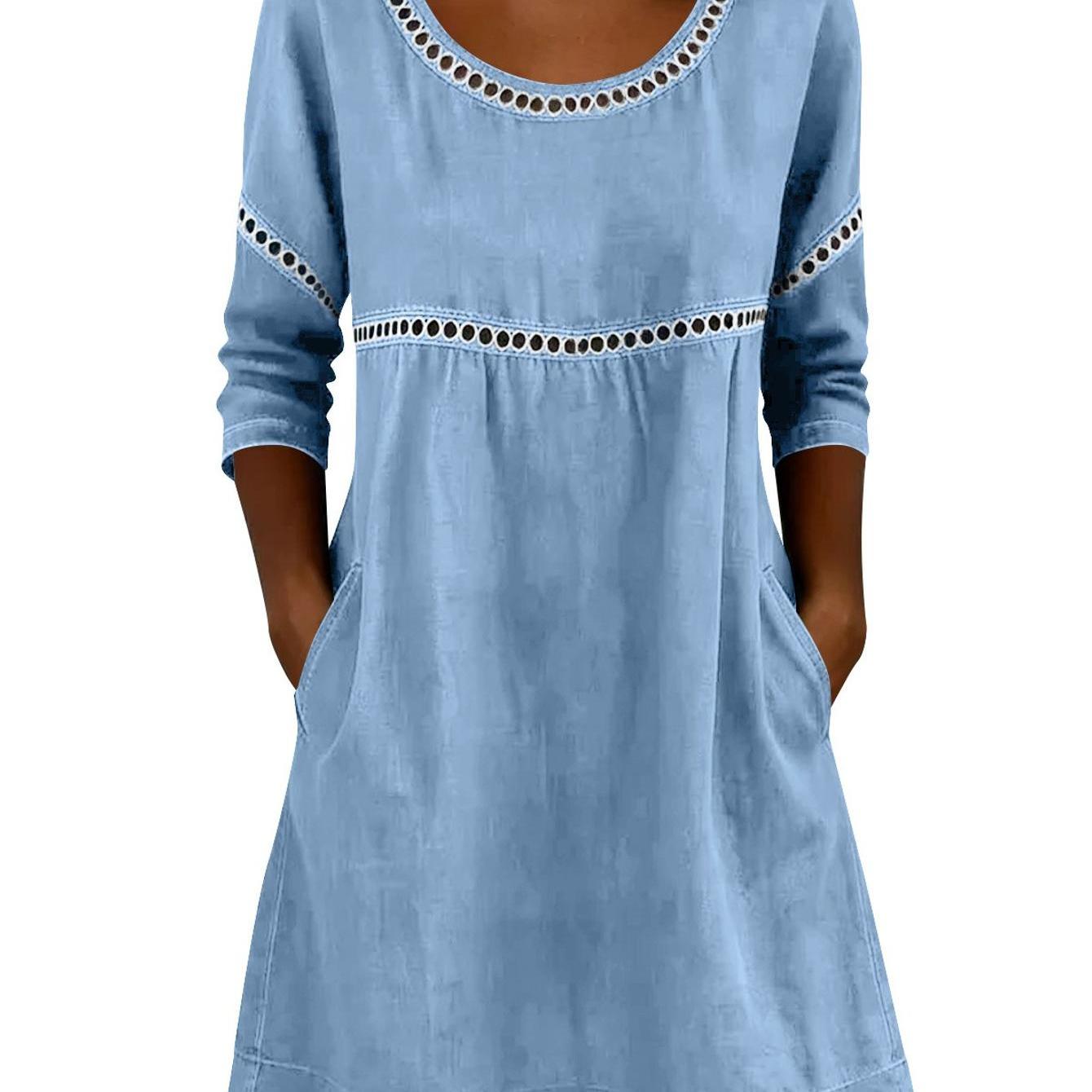 Image of Women's Elegant Unique Cutout Details 3/4 Sleeve Dress With Pockets, Fashion Loose Fit Round Neck Beach Dresses Lightweight Comfy For , Casual To Semi-formal Wear, Wardrobe Staple