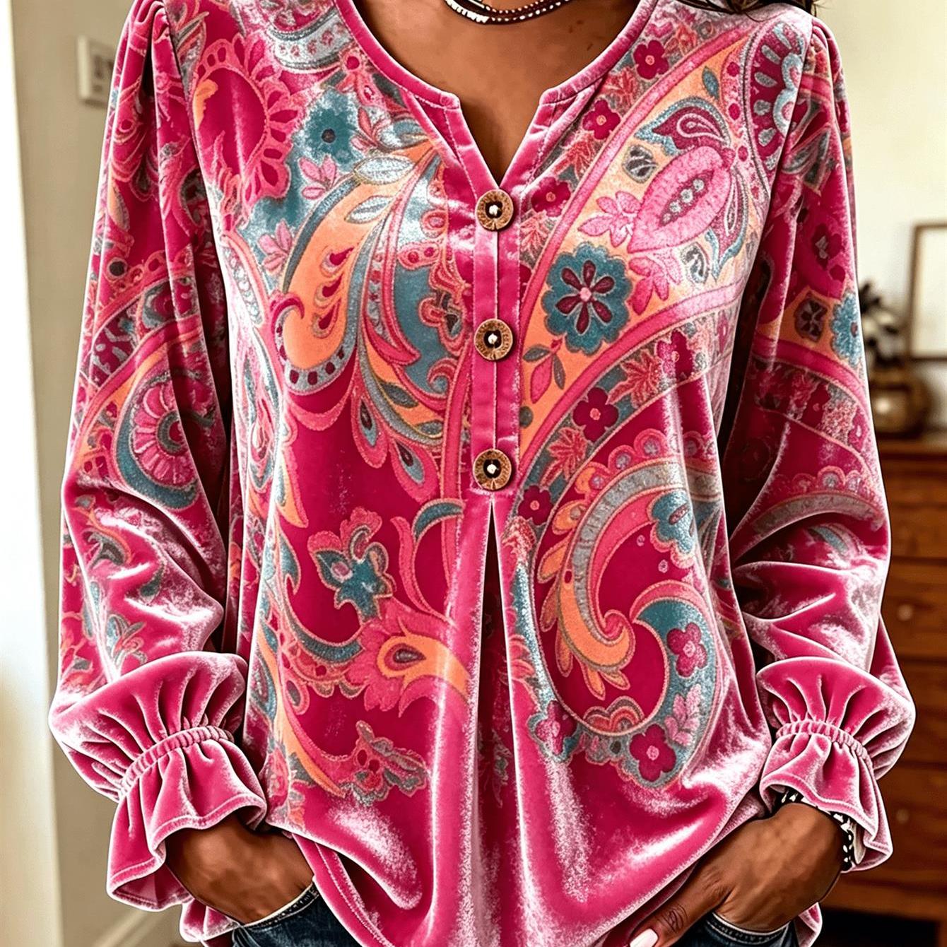 Image of Plus Size, Boho Floral Velvet Top Plus Size-women's Boho Paisley Floral Print Velvet Henley Top, Long Flounce Sleeve Loose Casual Blouse For Autumn Daily Outfit