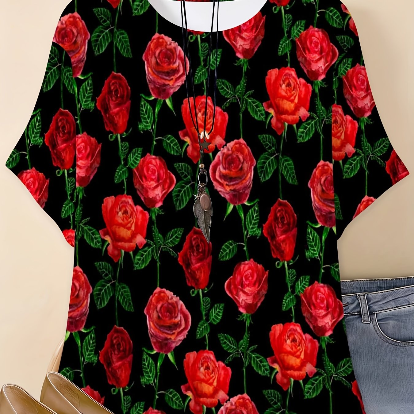 Image of Plus Size - Women's Casual Spring Fashion T-shirt With Red Rose Print
