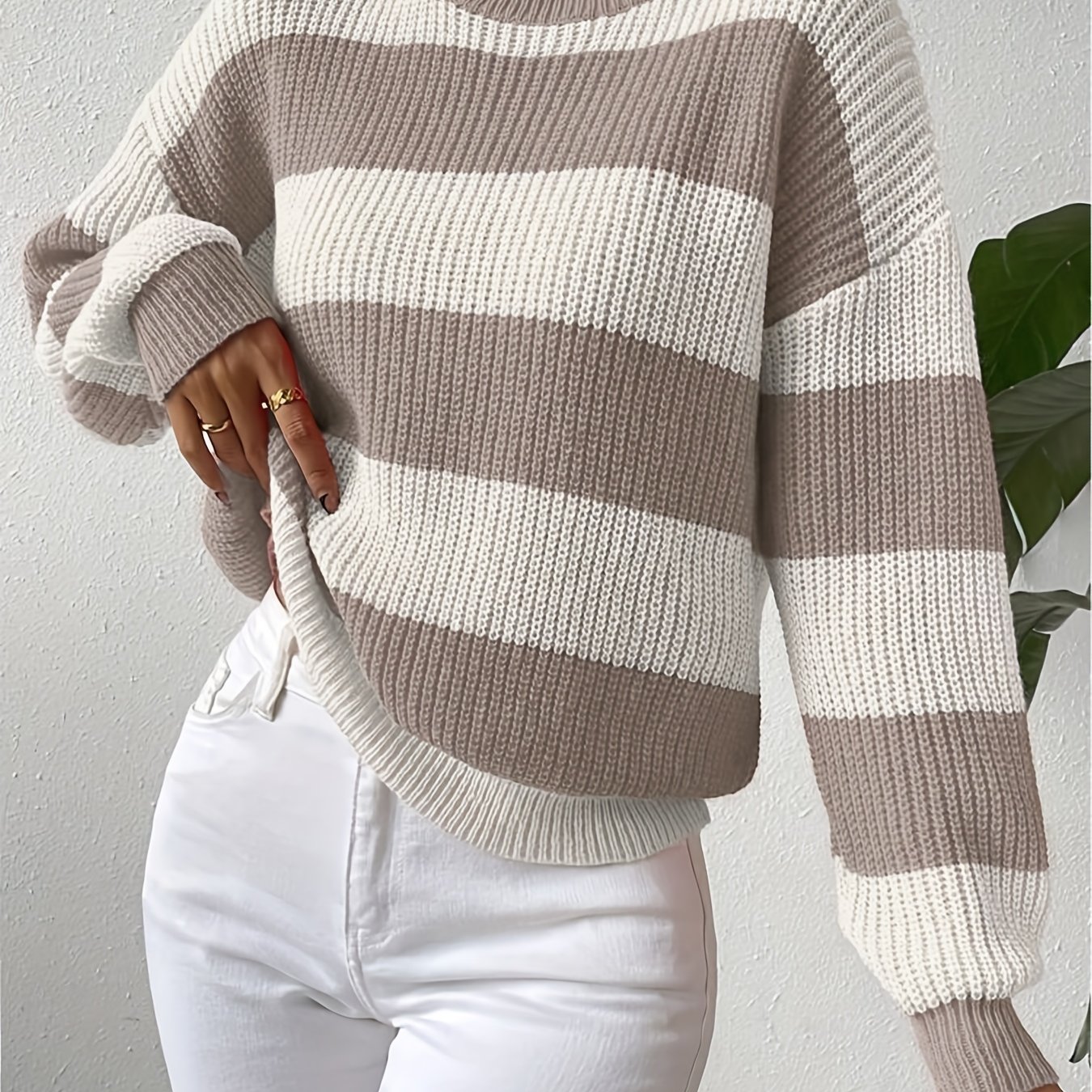 TEMU Pull Femme Col Rond à Rayures Contrastées pour Automne et Hiver