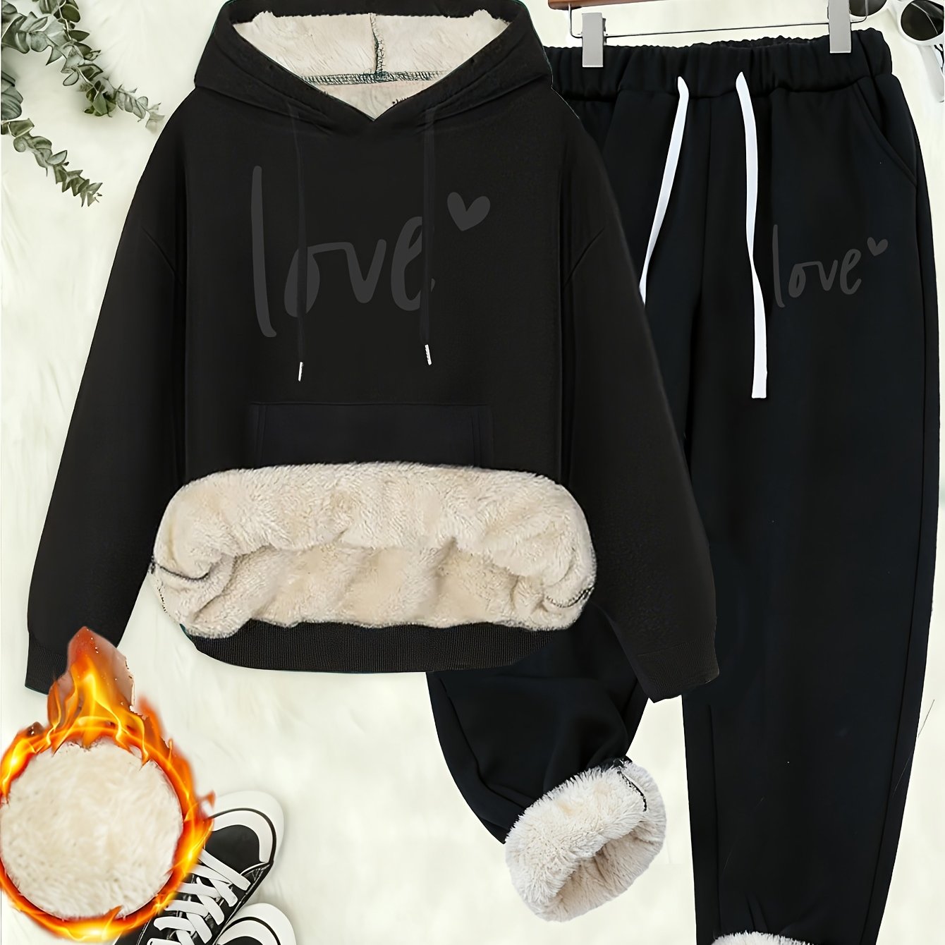 TEMU Minimalist Graffiti Style Print, -lined Warm & Comfortable Women's Autumn/ Winter Hooded Drawstring Sweatshirt With Pockets   -lined Pants.