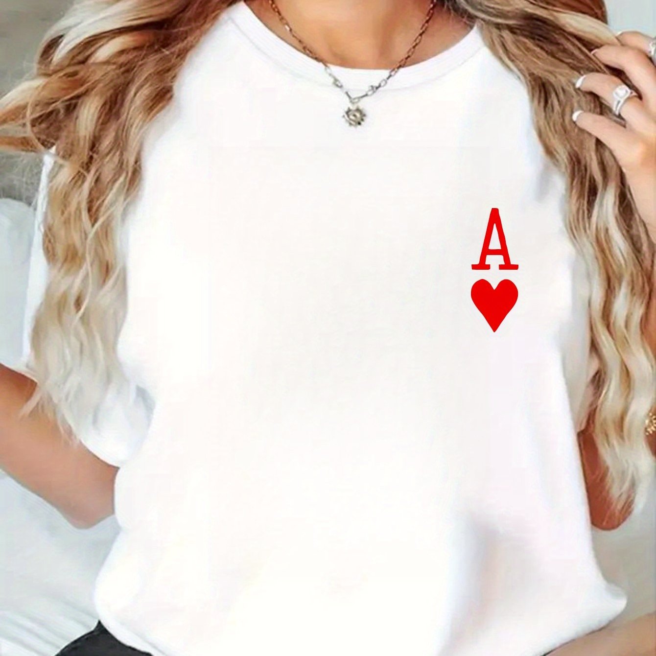 E-shop Damen-T-Shirt, ., niedlicher "A"-Herzmuster-Druck, Rundhalsausschnitt, sportliches Freizeit-Top mit kurzen Ärmeln für Frühling/Sommer,