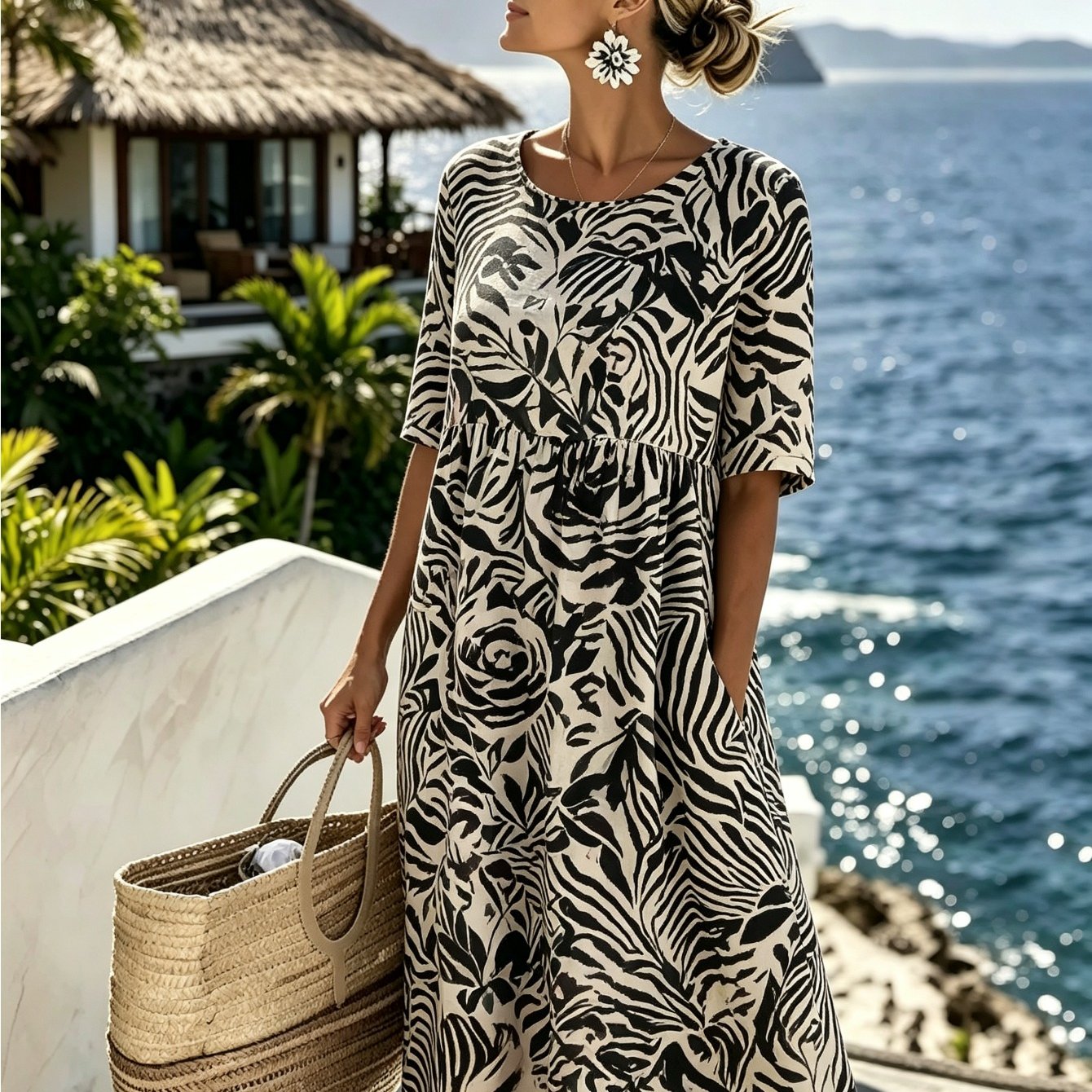 Women's Bohemian Print Mid-length Dress - Round Neck With Half Sleeves And Pockets, Casual Loose Summer Dress, Suitable For Vacation, Beach, And Everyday Wear