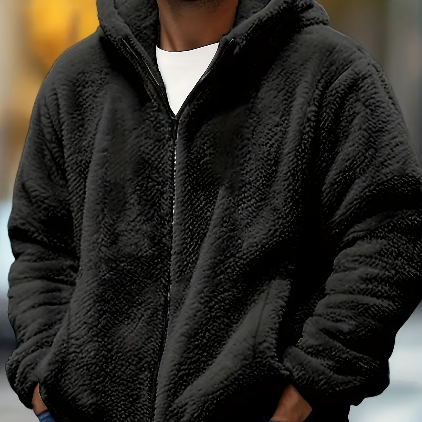 TEMU [ Obm] Men's Coral Fleece Jacket - Autumn And Winter Fleece Thickened Solid Color Warm Hooded Jacket, Full Zipper Access Control With Pockets,
