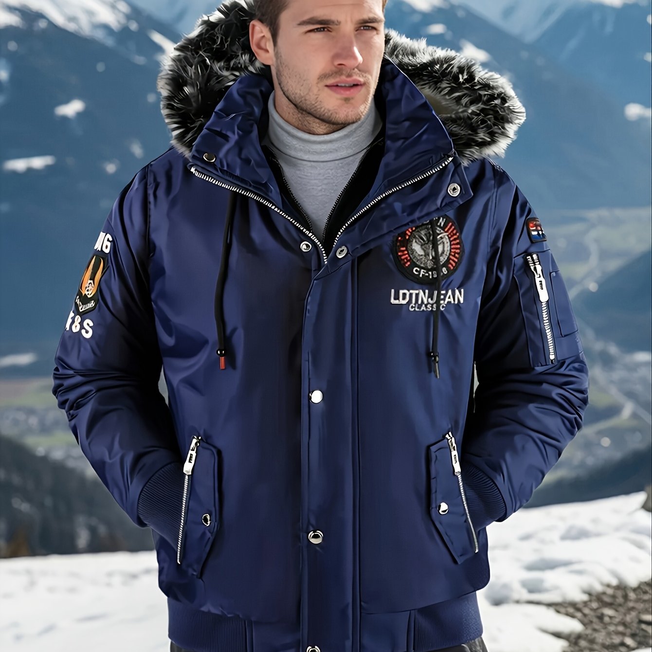 TEMU Autumn And Winter Men's Fashionable Hooded Fleece Jacket, Detachable Hood, Multiple Pockets, Windproof And Warm, Outdoor Cold Resistant. Badge