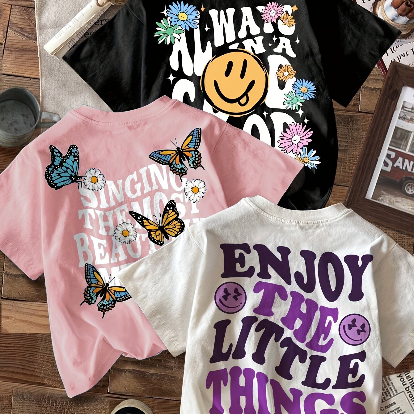 3pcs Women's Casual Short Sleeve T-shirt Set With , Flower, And Face Prints- "enjoy " Design, Lightweight, Round Neck, Perfect For Summer, Summer T-shirt Set| Printed T-shirt|lightweight