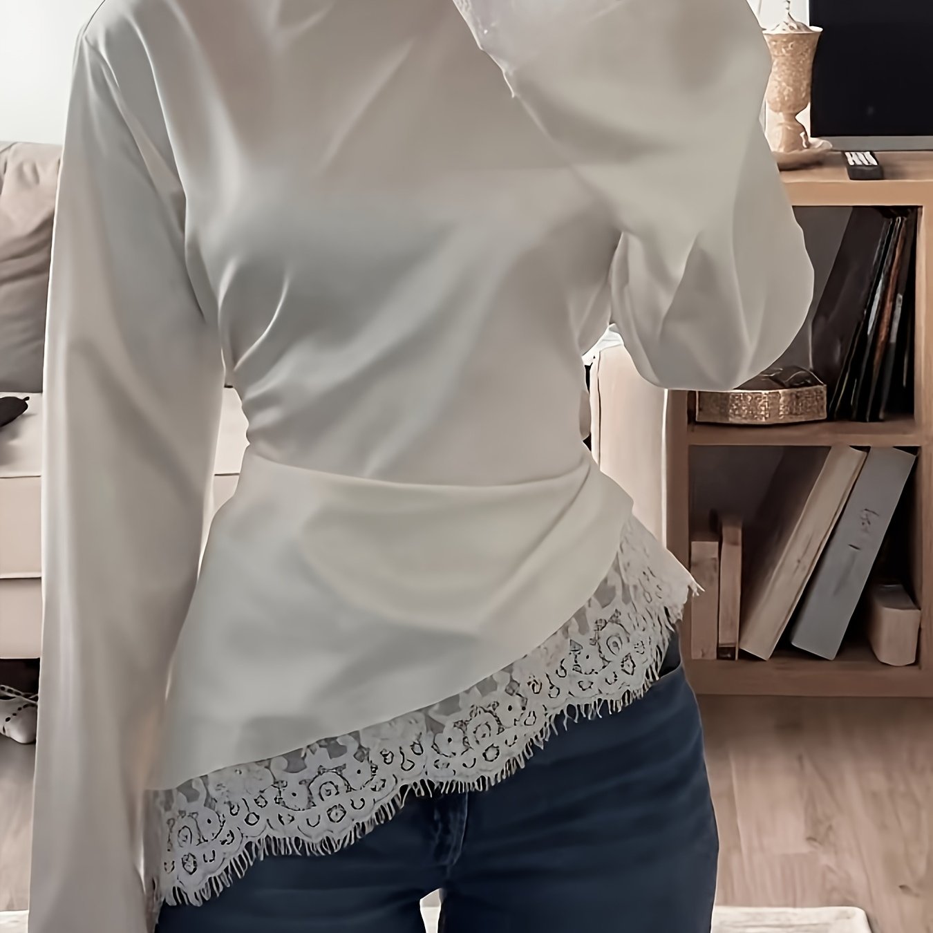 TEMU Women's Casual Solid Color Lace Long Sleeve Shirt