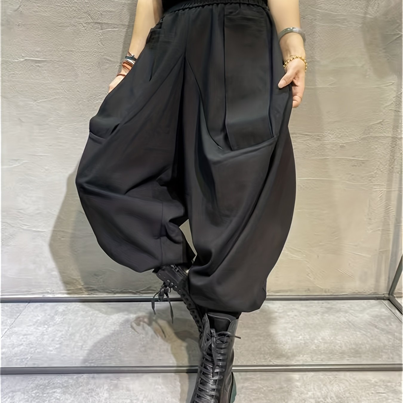 TEMU 【秋冬新作】おしゃれなハレムパンツ 通勤レトロブラック ハレムパンツ ゆったり 薄手 ワイドレッグパンツ 通勤＆レジャー