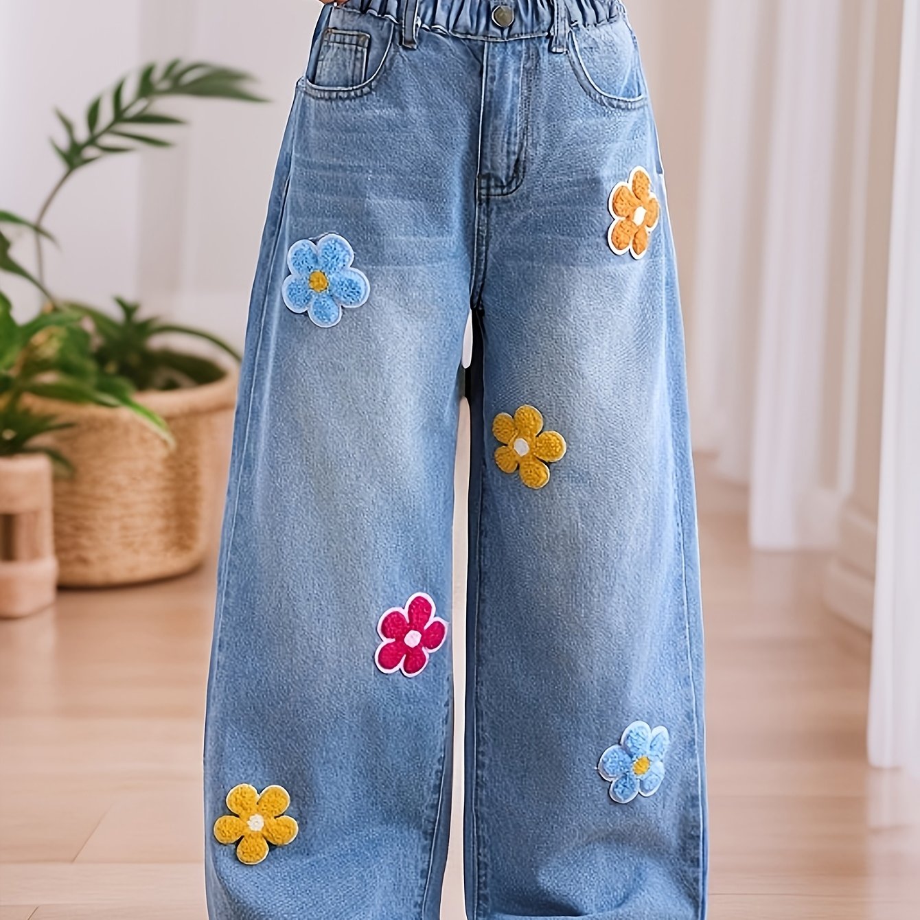 Image of Girl' Washed Flower Jeans | High-waisted Loose Wide-leg Design | Elastic Waistband For A | Summer Casual Daily Wear | Beach Bohemian Style Vacation Pants