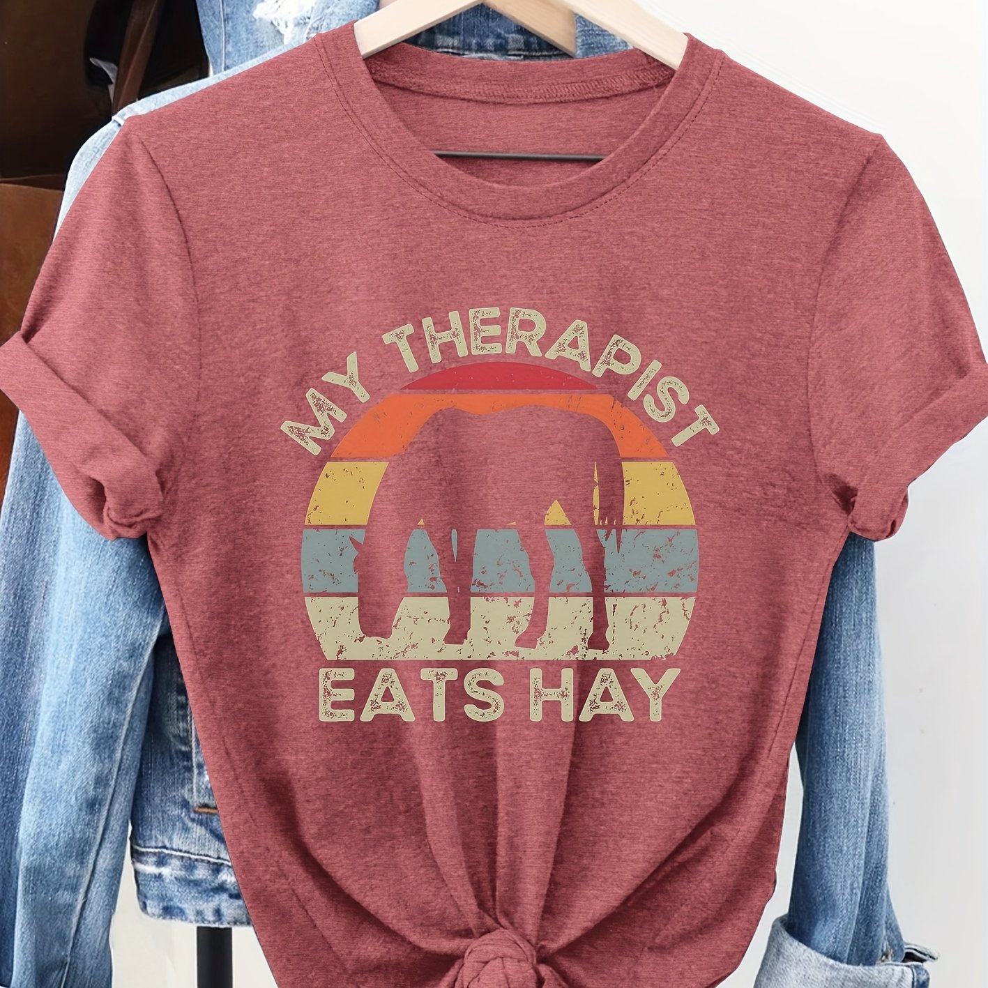 TEMU Women's Stylish Short-sleeve Top With Horse Silhouette, Vintage- Stripes, And 