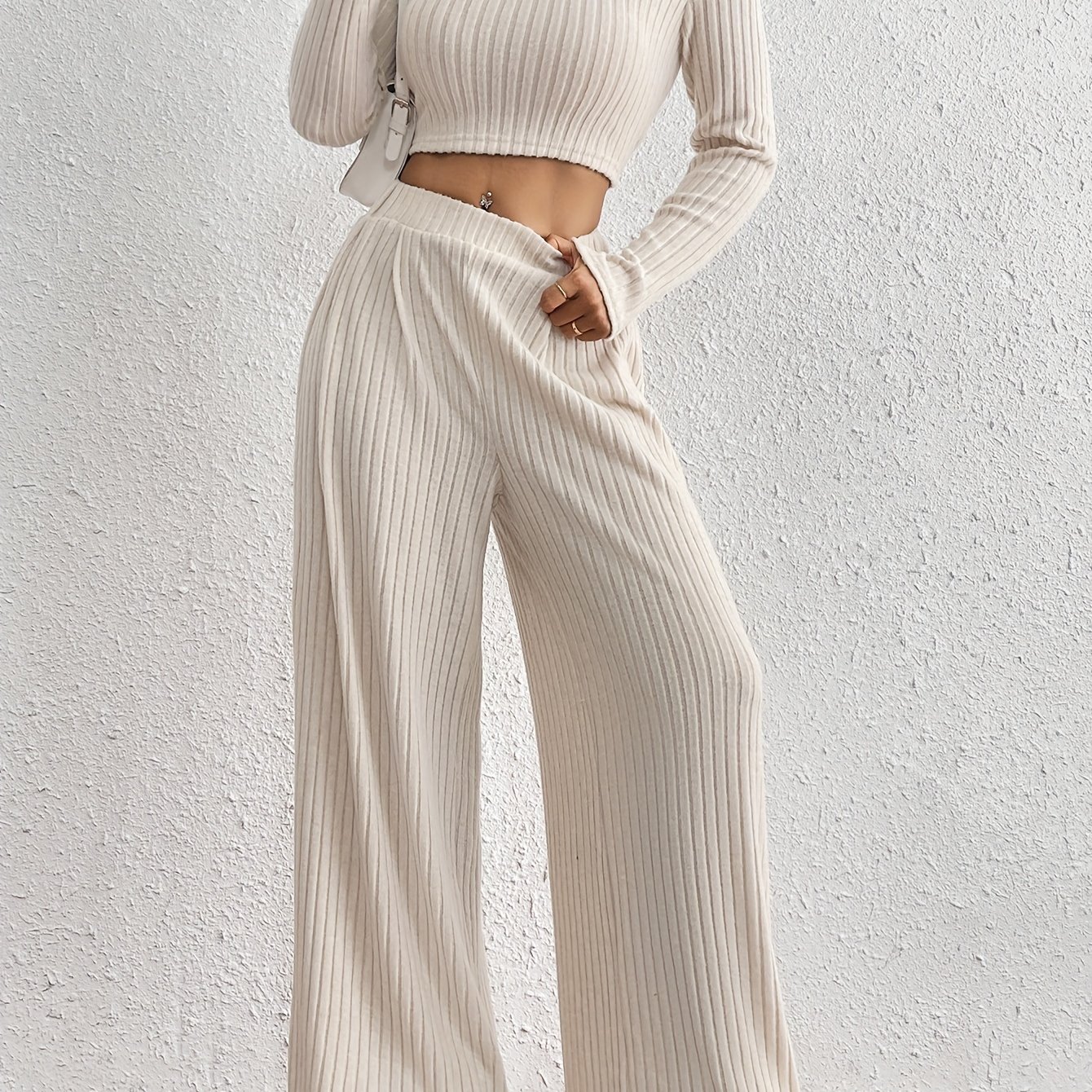 Ribbed Long Sleeve T-shirt And Wide-leg Pants