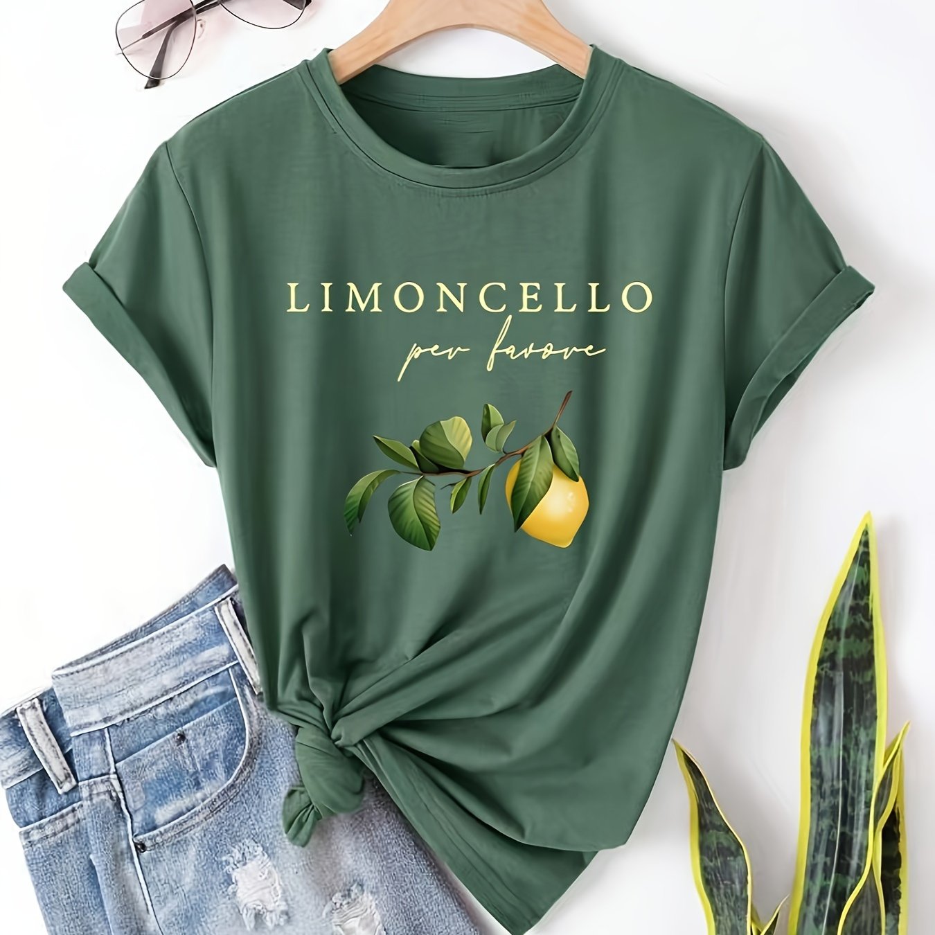 Lemon & Letter Print Crew Neck T-shirt, Comfy Short Sleeve Casual Top For Summer & Spring, Women's Clothing