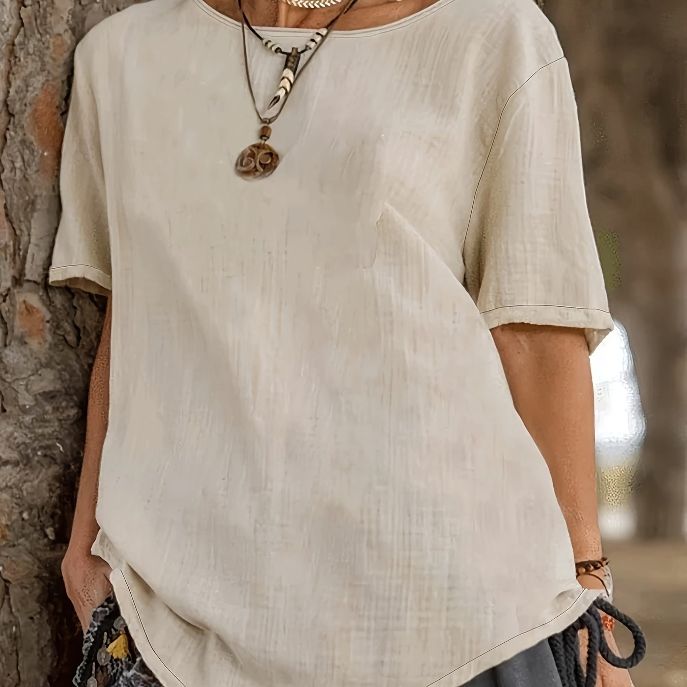 Image of Plus Size, Plus Size Short Sleeve Blend Solid Color Shirt