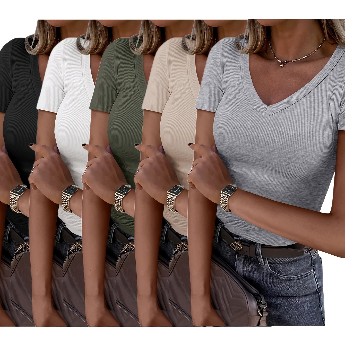 Five-piece Women's Elegant And Comfortable Top Casual Ribbed Slim-fit Basic Shirt V-neck Short-sleeved T-shirt Pullover