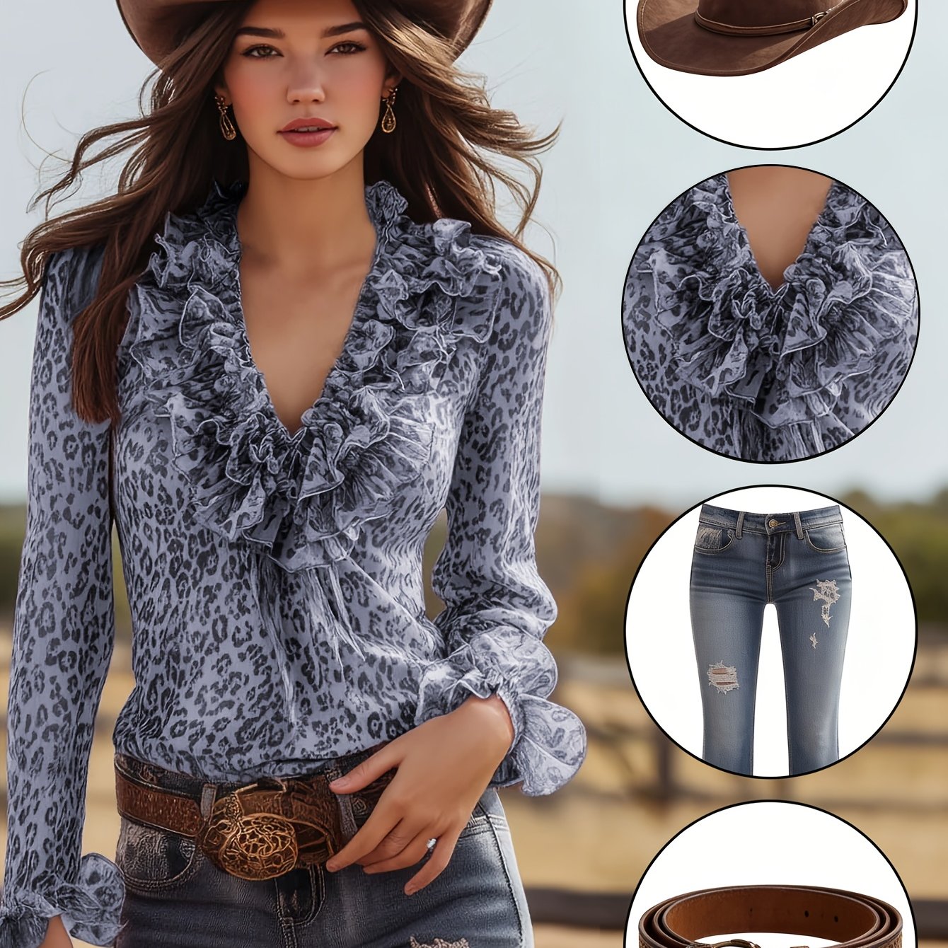 TEMU Women's Leopard Print Ruffle V-neck Long Sleeve Shirt