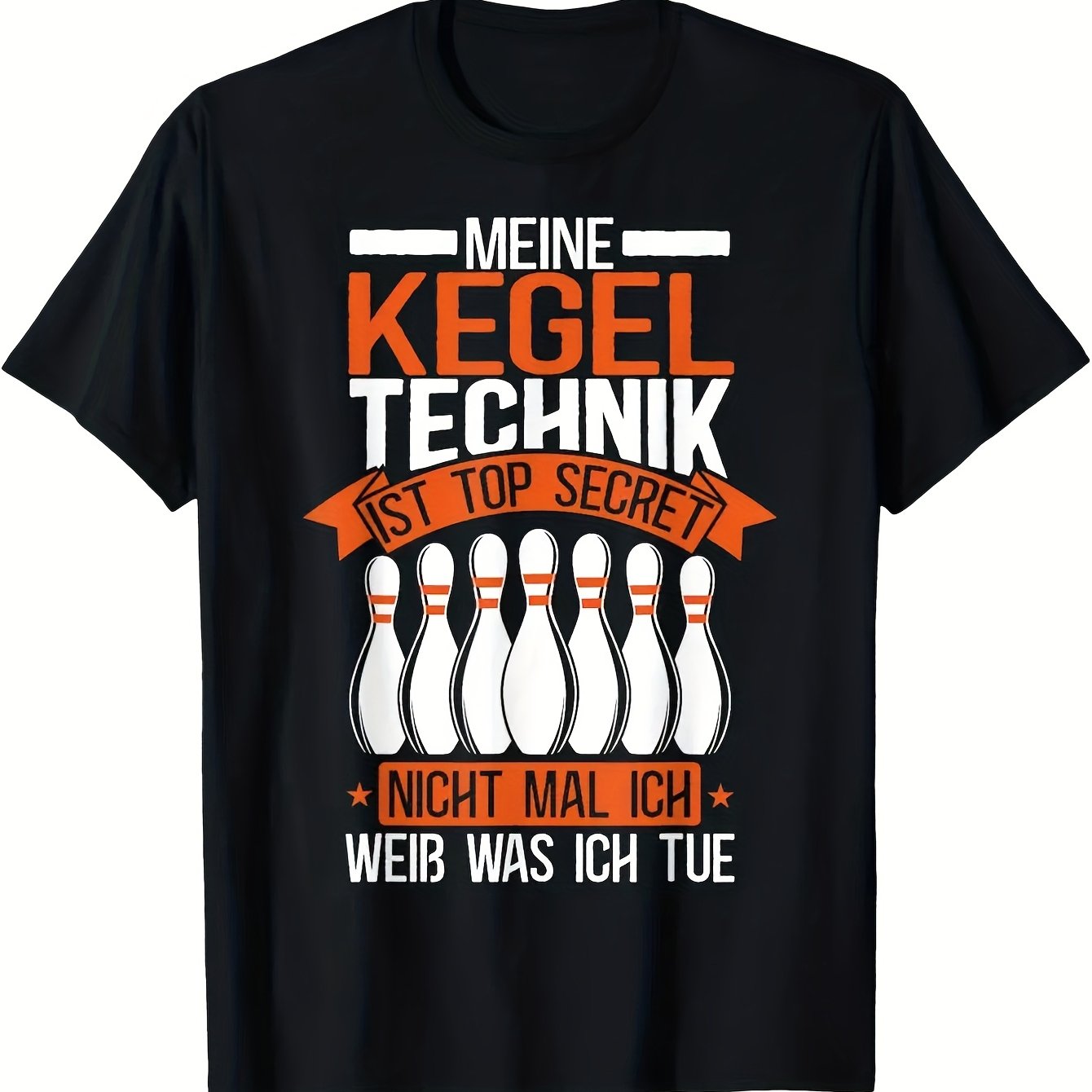 Bowling Bowler My Kegel Technique Is T-shirt - Black With Orange & White Print, Casual Crew Neck Short Sleeve Tee For Adults, Regular Fit, Wear, Bowling Additions