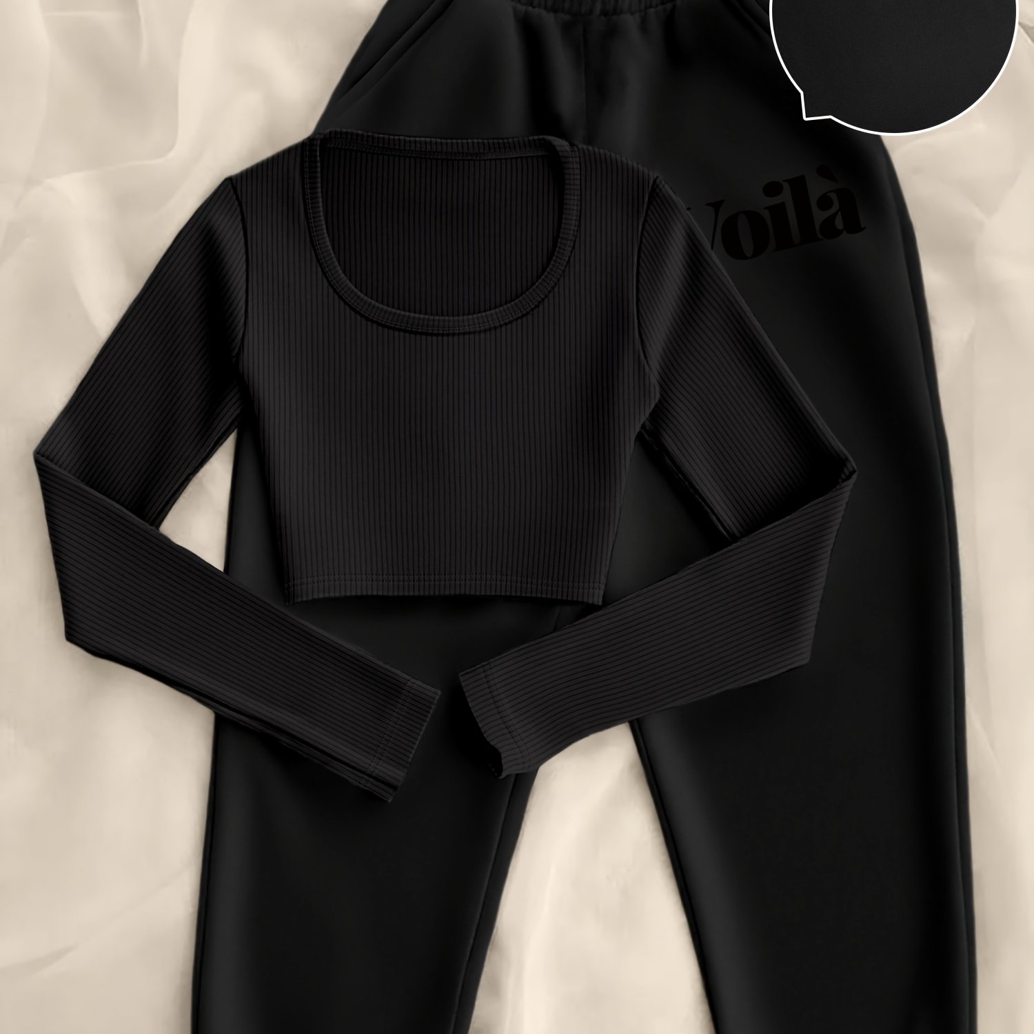 TEMU Voila Ribbed Crop Top   Black Jogger Sweatpants Comfortable And Non-restrictive Set For Wear!
