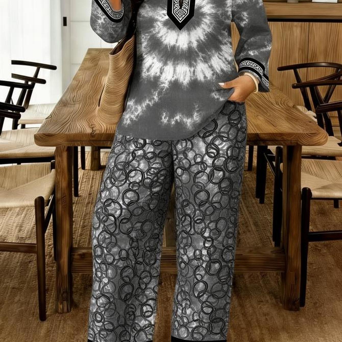 Image of Plus Size, Plus Size Women's 2pcs Set Boho Tie-dye Long Sleeve Top & Patterned Wide Leg Pants Set For Wear Suit For Spring/summer Outdoor Outfits, Gifts For Mother's Day