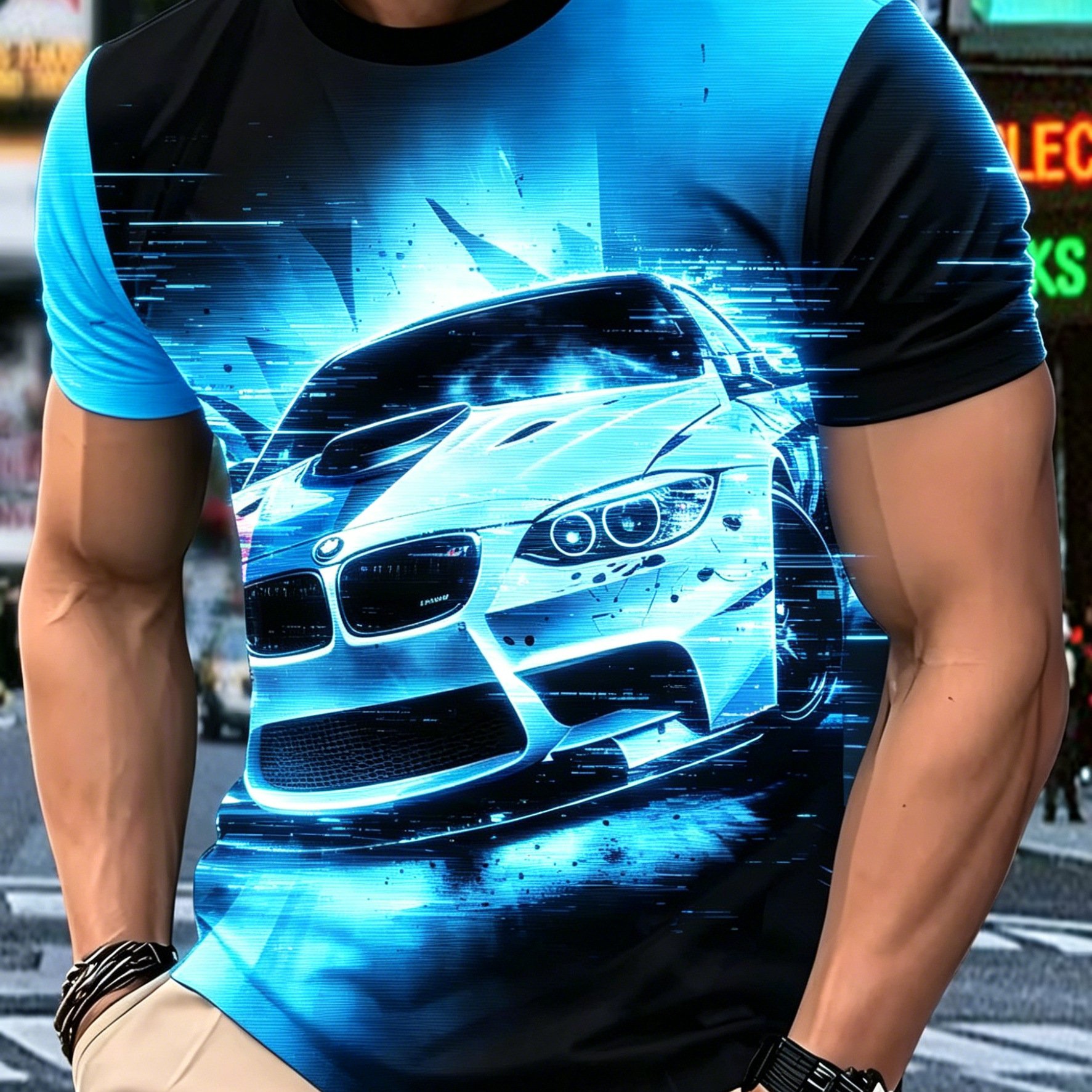 TEMU Cyber Sports Car Print Men's Crew Neck Casual Breathable T-shirt~|~ Moisture-wicking & Quick-drying~|~ Regular Neck Pullover~|~ Outdoor Casual