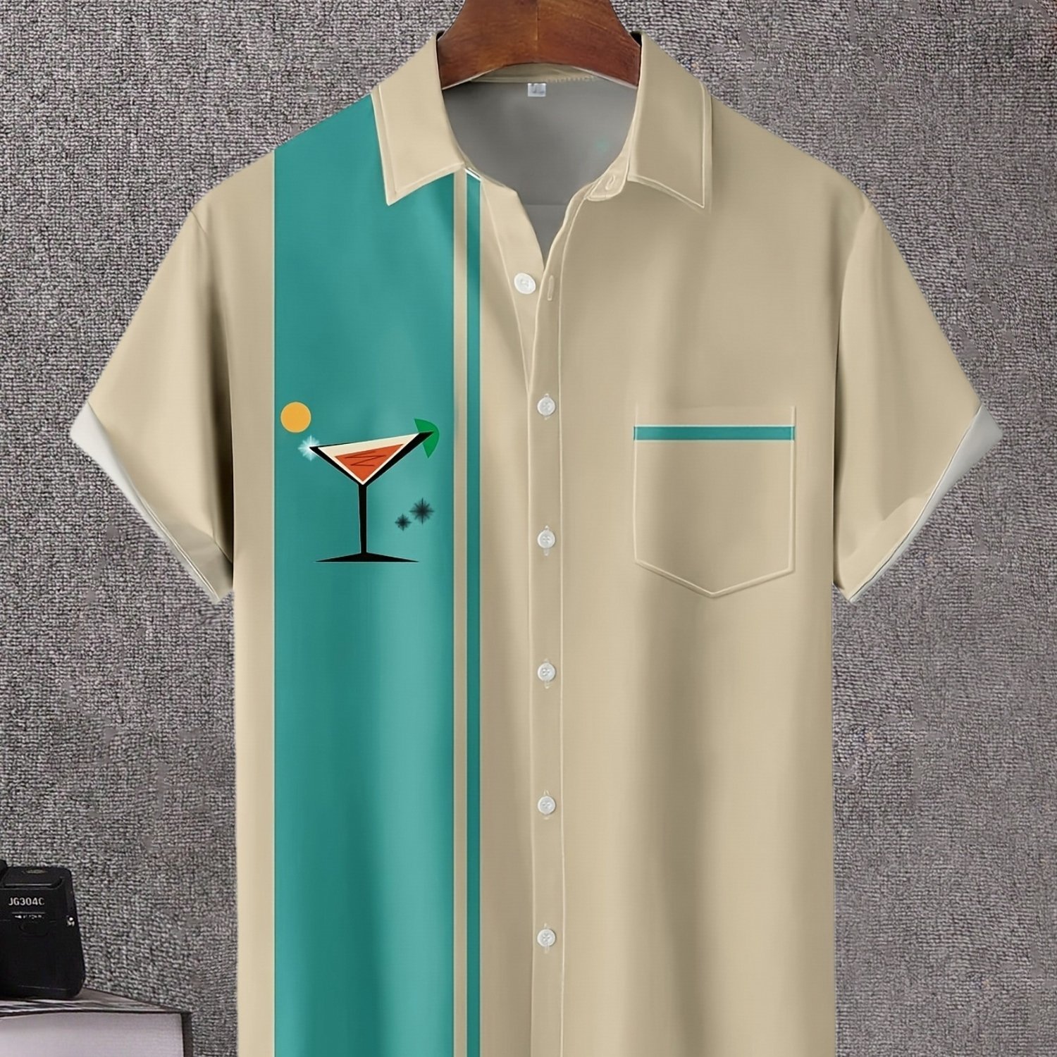 TEMU [print Design-not Texture] Men's Vintage Bowling Print Short Sleeve Shirt - Tropical Hawaiian Pattern, Dual-tone Teal And Beige, Loose Casual