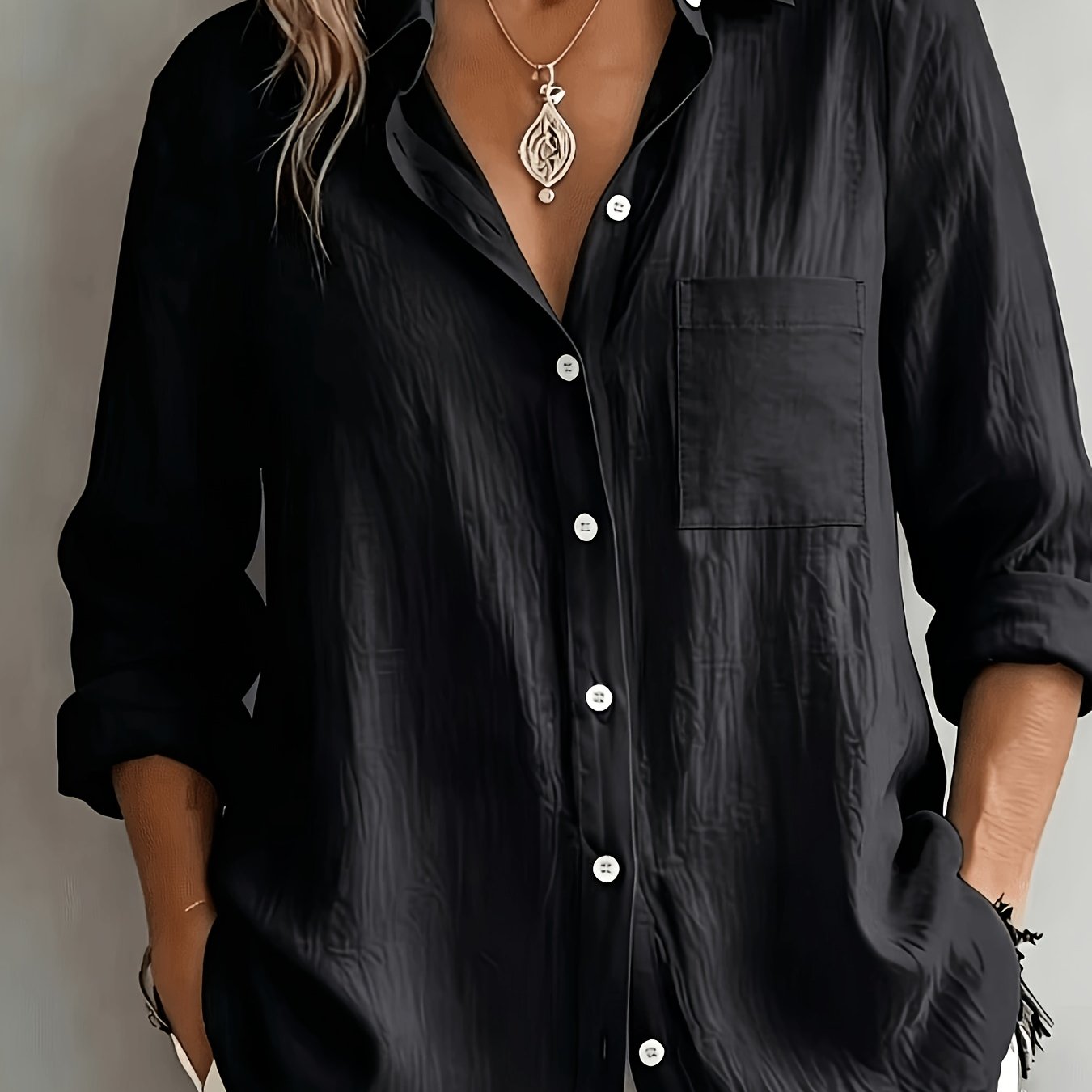 TEMU Elegant Special Edition Women's Shirt - Long Sleeve Button-up Solid Color Blouse, Breathable, Comfortable, Soft, Classic Collar, Medium Stretch,