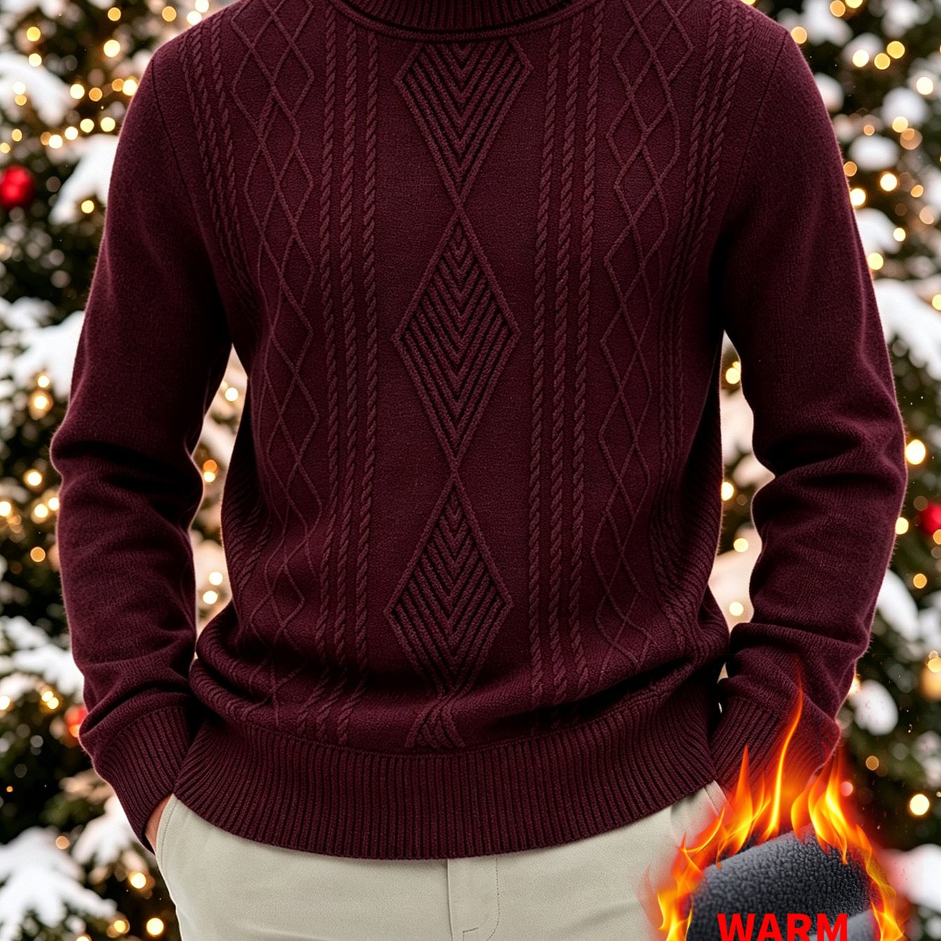 TEMU Pull chaud en polaire à col montant pour homme, couleur unie, automne-hiver, texture à carreaux de diamant, poignets côtelés, vêtement tricoté à