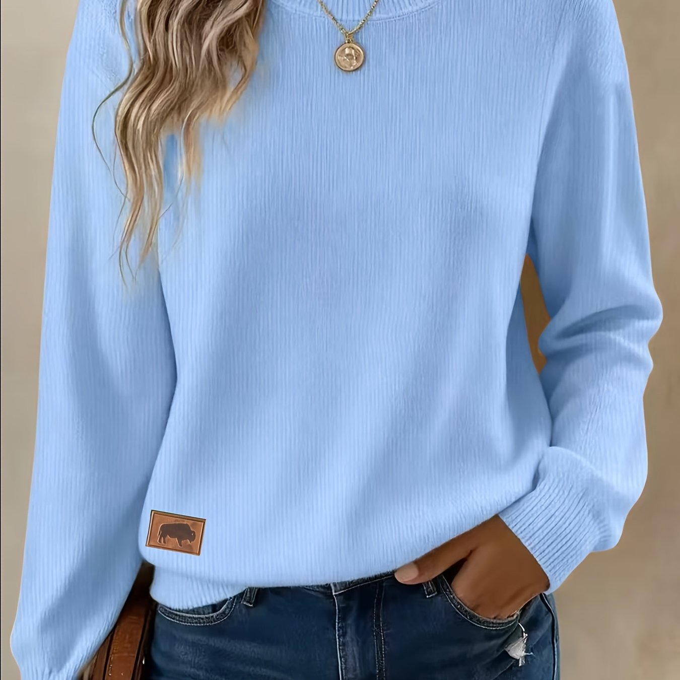 TEMU Women's Round Neck Long Sleeve Fabric Sweater, Slightly Stretchy, Soft And Non-restrictive, Sweater Specialty Store - Only Sells Long Sleeve