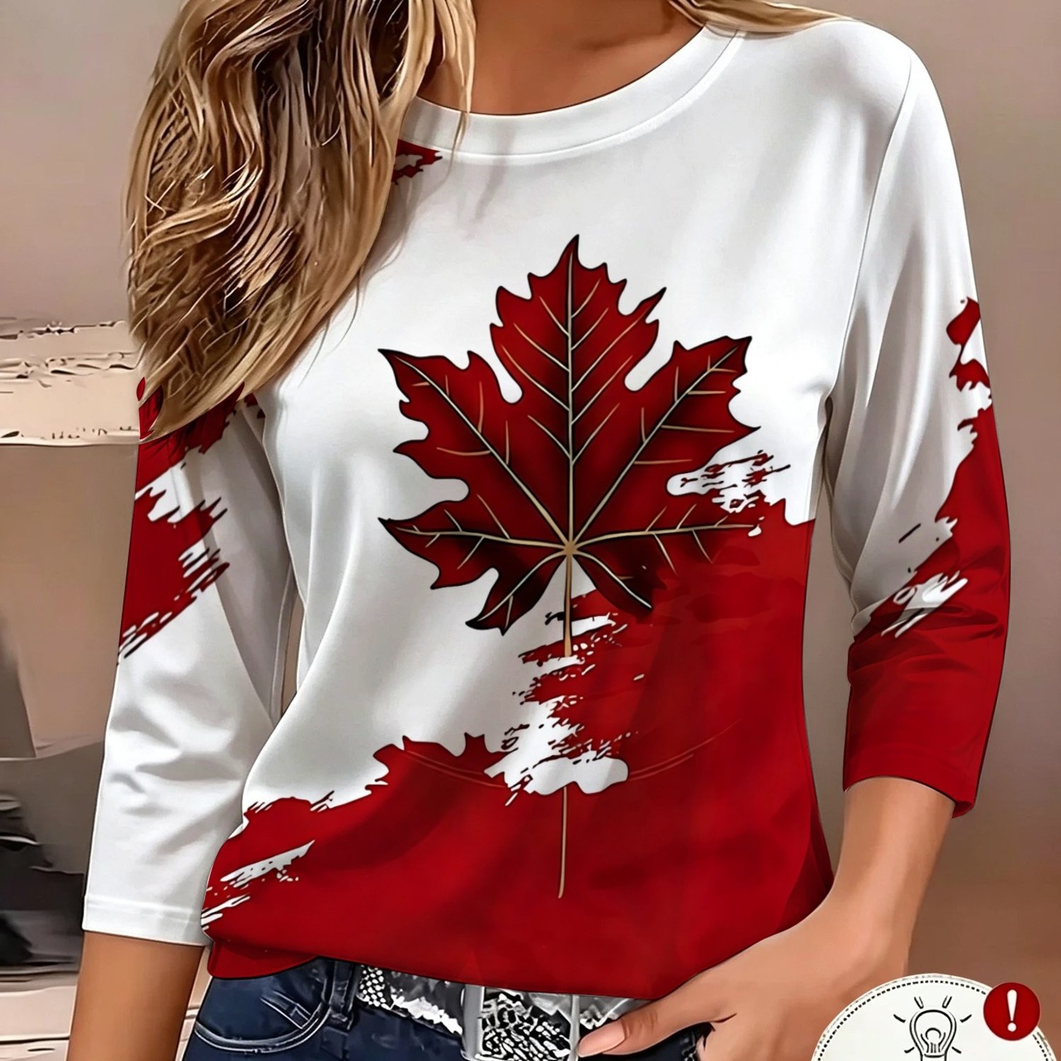 TEMU T-shirt pour femme à manches trois-, motif imprimé – Non texturé | quotidiens et sorties | Impression de feuille d'érable aux rouges | Simple et