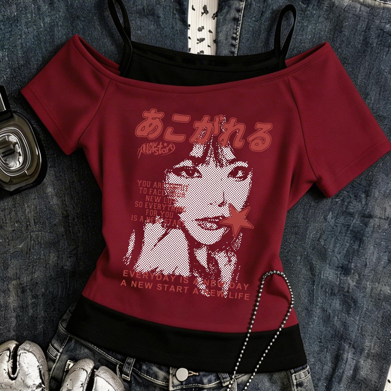 TEMU Y2k Vintage Style Asymmetrical Off-shoulder 2-in-1 Look Short Sleeve Top With Contrasting Strap Inner Layer, Street Style, , Summer Versatile