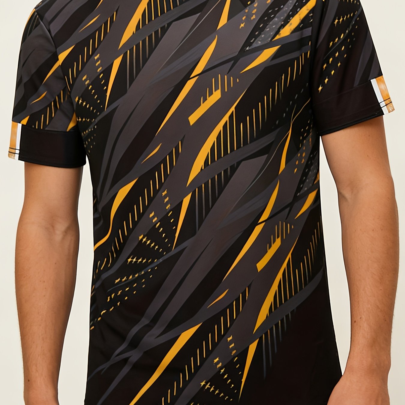 TEMU [print Design-not Textured] Athletic Style Geometric Short Sleeve, Contrast Color With Sharp Lines, Exuding Competitive Atmosphere, Suitable For