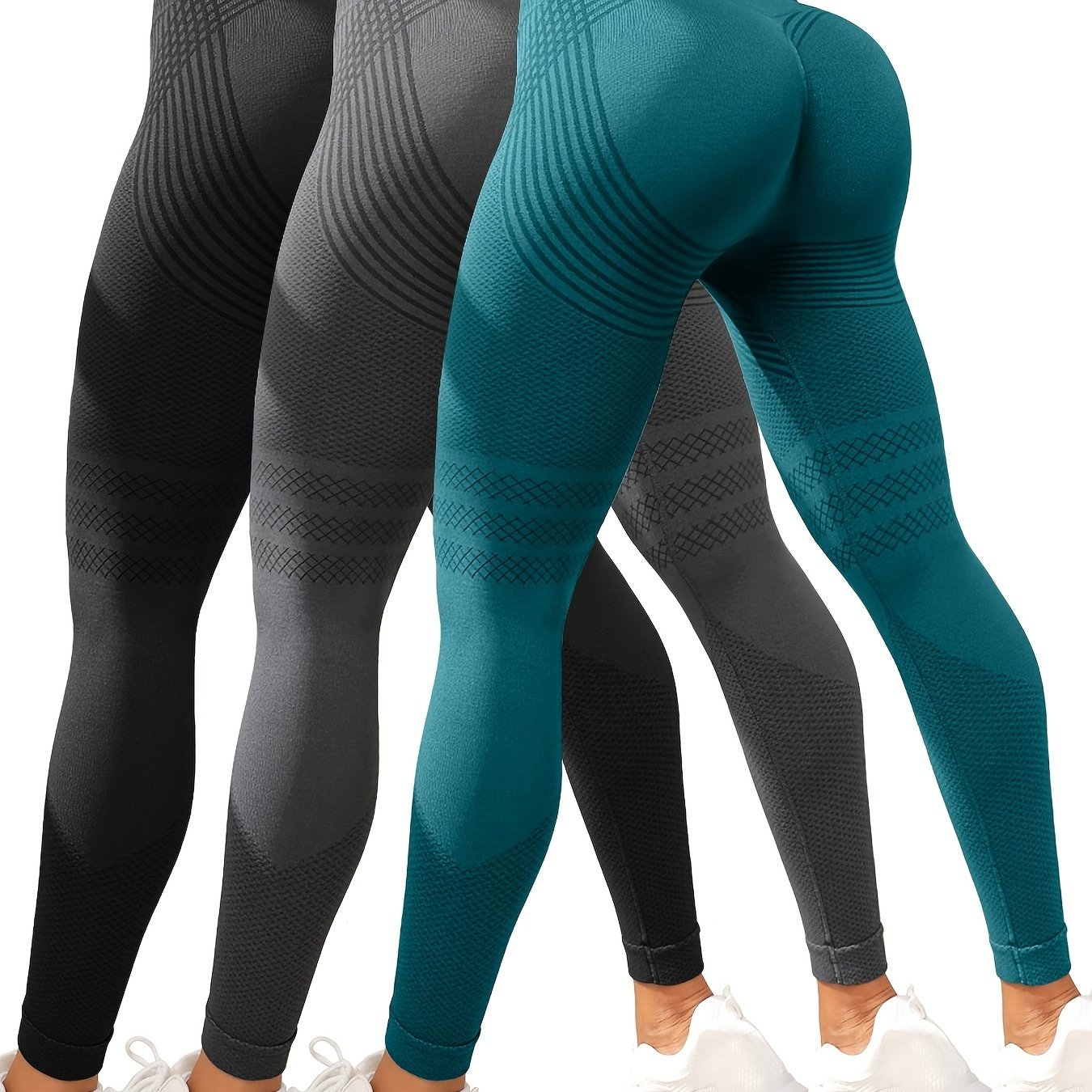 Image of 3-pack Women's High-waisted Sports Leggings, Striped Yoga Pants With Hip Lift, Stretchy Knit Fabric, Polyamide 90% Elastane 10%, Skinny Tights For Fitness & Running, 280g/m²