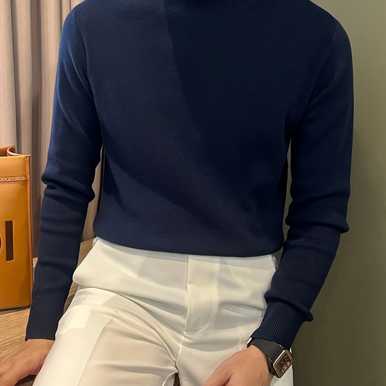 Image of Men' Color Stand Collar Knit Sweater, Autumn And Winter Casual Warm Base Pullover