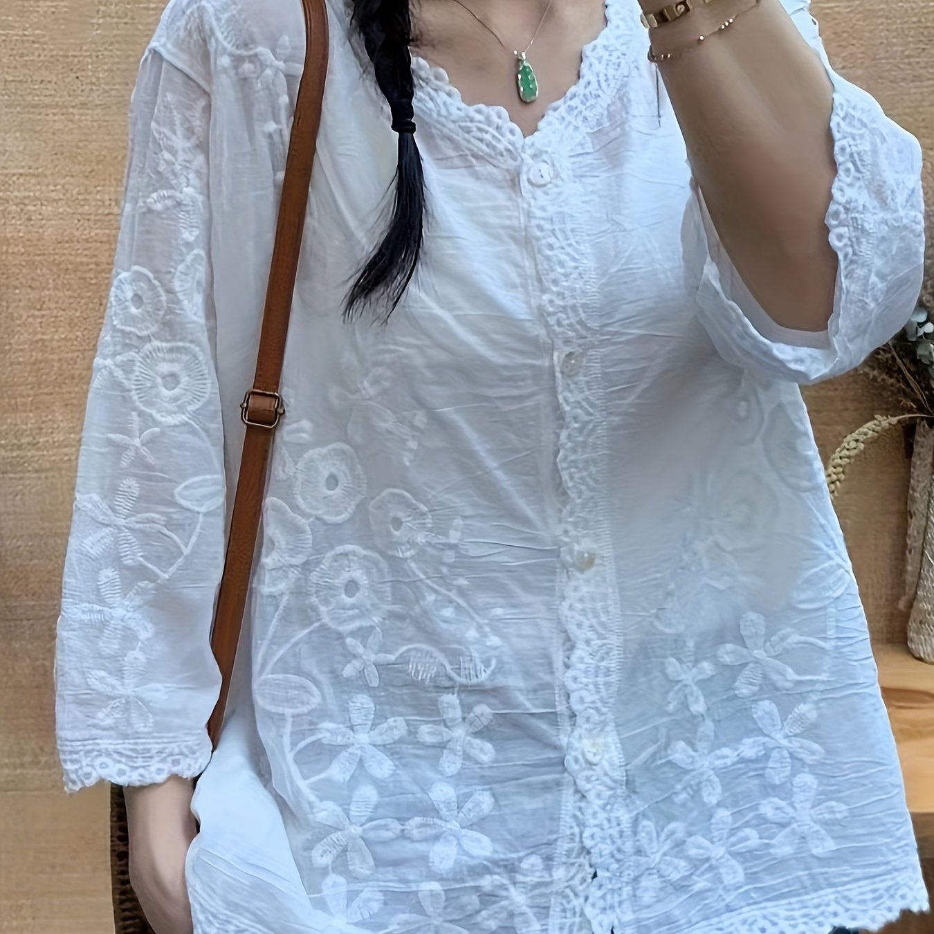 Image of Button-front Hollow Out Cardigan, Casual Solid Color V-neck Short Sleeve Cardigan, Lace Flower Embroidery Cardigan For Spring, Summer, Fall, Women's Clothing