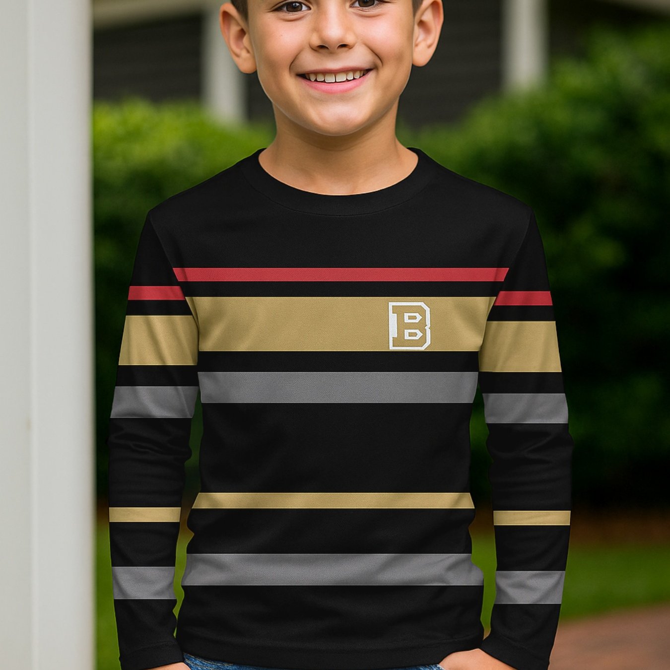 TEMU Children's Long-sleeved Striped T-shirt With "b" Logo: A Fashionable Children's Clothing That Combines Black, Golden, Gray And Red