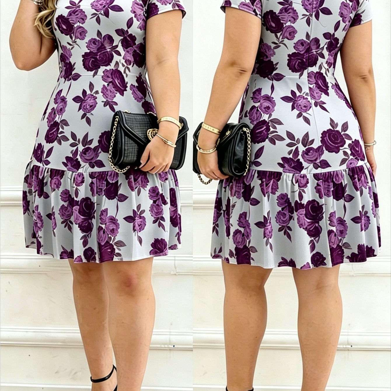 Image of Plus Size, Plus Size Spring Summer New Gentle Romantic Printed For Lotus Leaf Edge Short Dress Dating Vacation Party Party Women's Waist Skinny Versatile Elegant Temperament Fairy Dress