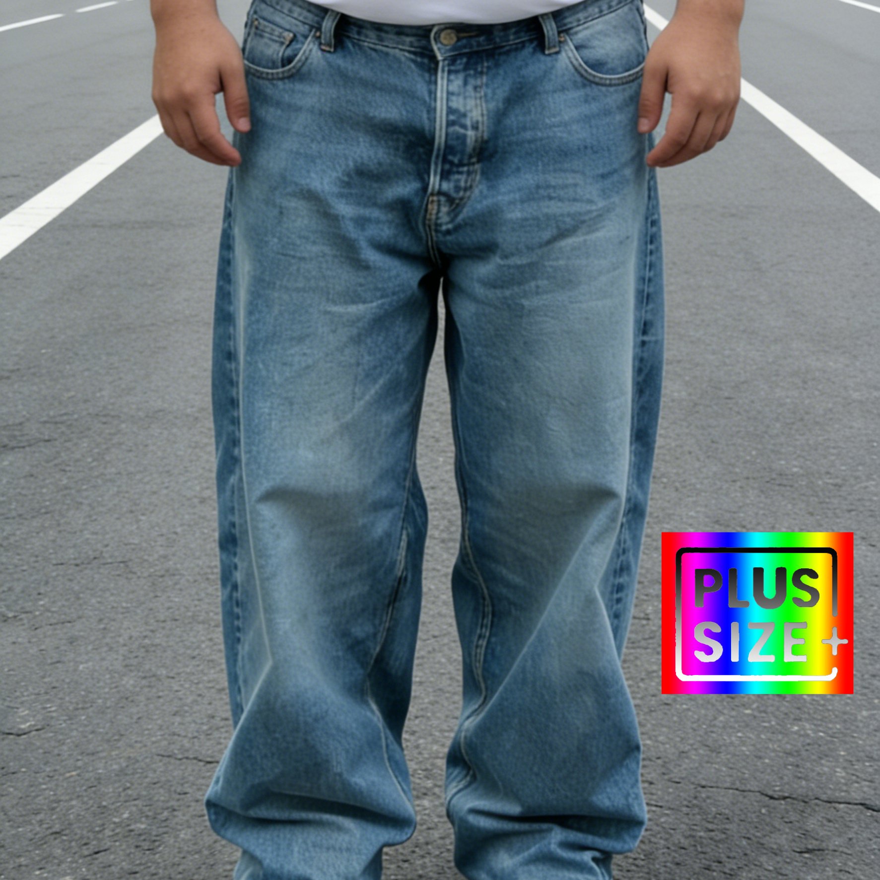TEMU Hme-307 Men's Vintage Blue Distressed Oversized Straight-leg Jeans - Beltless Wide-leg Washed Pants, Plus Sizes 1xl-6xl, Machine Washable
