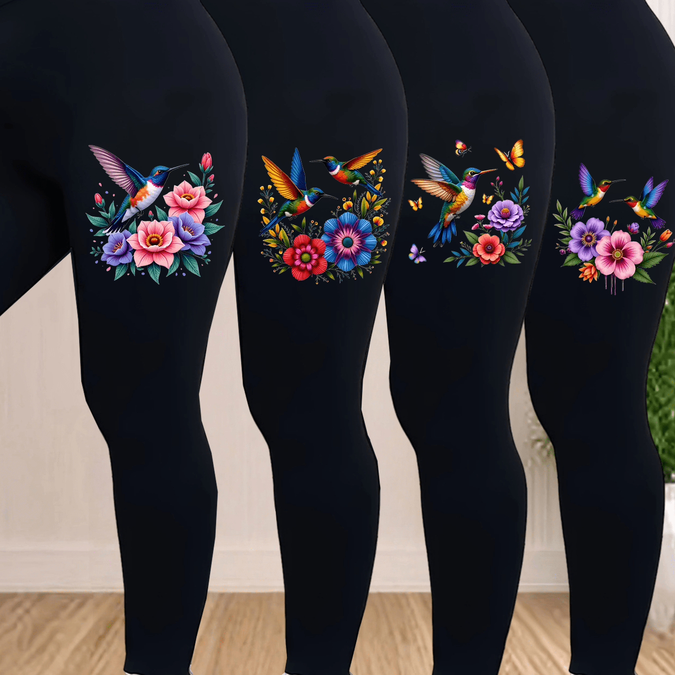 TEMU Plus Size, 4pcs Extended Size Casual Pants, Women's Floral Print Stretch High Elasticity Leggings 4pcs Set