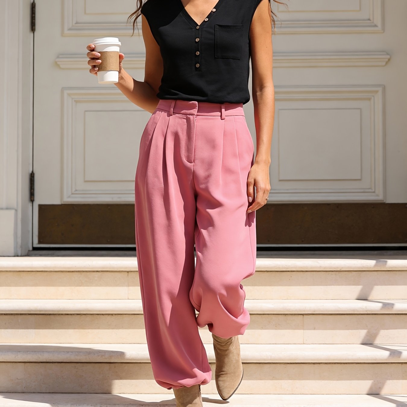 Image of Spring/summer New - Women's V-neck Solid Color Sleeveless Top, Women's Fashion Commuter Top, Solid Color Half Sleeveless T-shirt, Comfortable Fabric And Versatile Women's Top