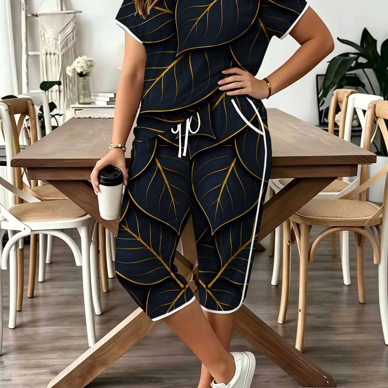 Image of Plus Size Women's Print White Striped Colorblock Trim Two-piece Set. Round Neck Short Sleeve Top And Drawstring Waistband Side Pocket Capri Pants. Vintage Elegant Botanical Loungewear Set