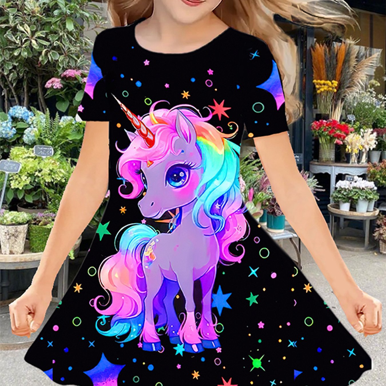 Image of Stylish Colorful 's Short Sleeve Round Neck Dress, Unicorn Party Birthday Gift For Girls Spring Summer Autumn Skirt Set