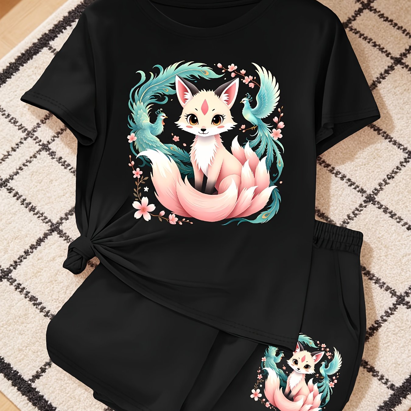 TEMU Summer Fashion Casual Homewear Pretty Clothes Set, Nine-tailed Fox And Phoenix Pattern, Women's 2pcs Set With Casual Printed Round Neck Short