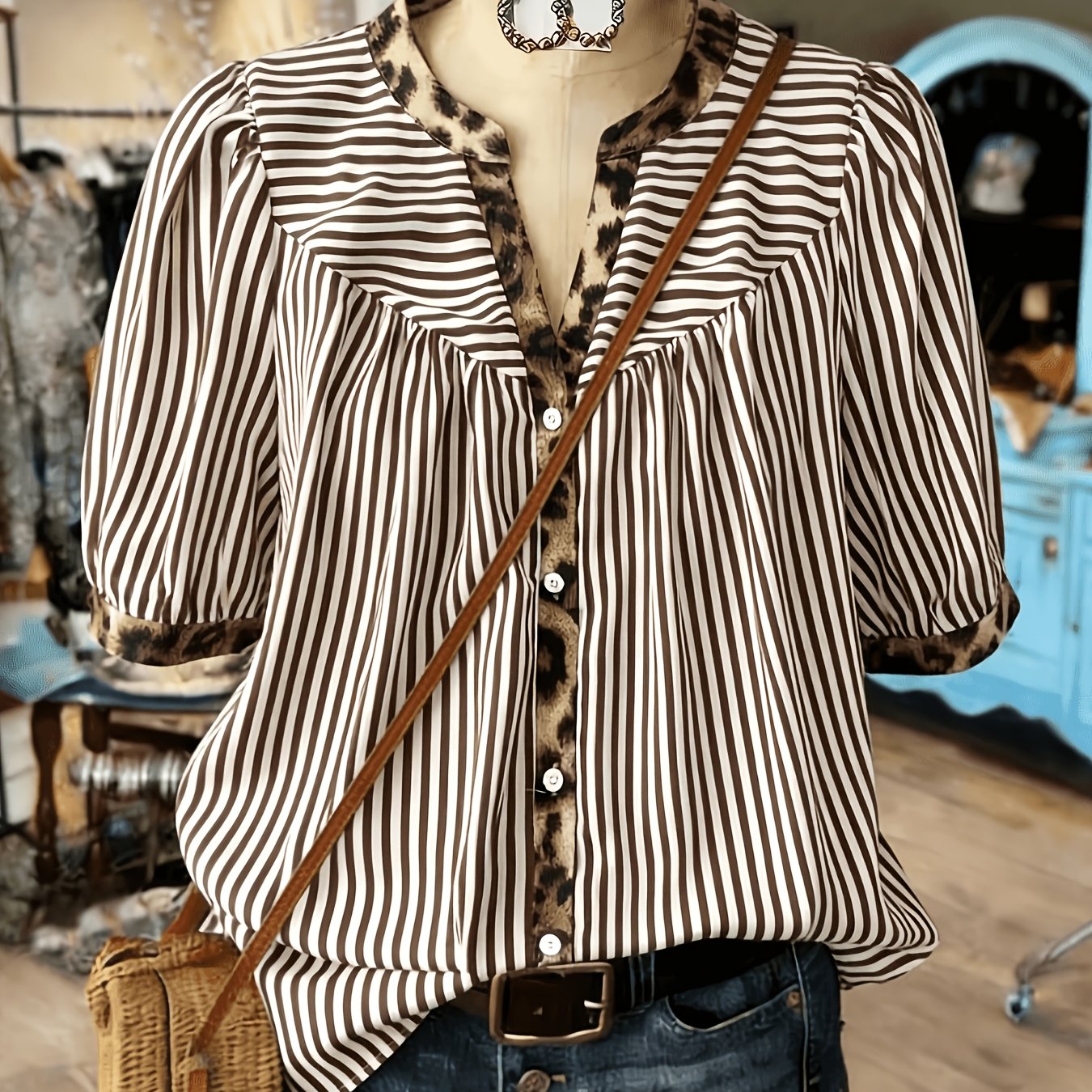 TEMU Plus Size Women's Clothing Women's Blouse Top Summer Striped Shirt Leopard Print Contrast Short Sleeve Blouse