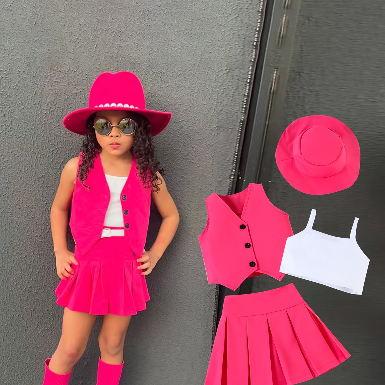 4pcs Girls' Fashion V-neck Single-button Vest, Camisole Top, Pleated Skirt And Hat Set
