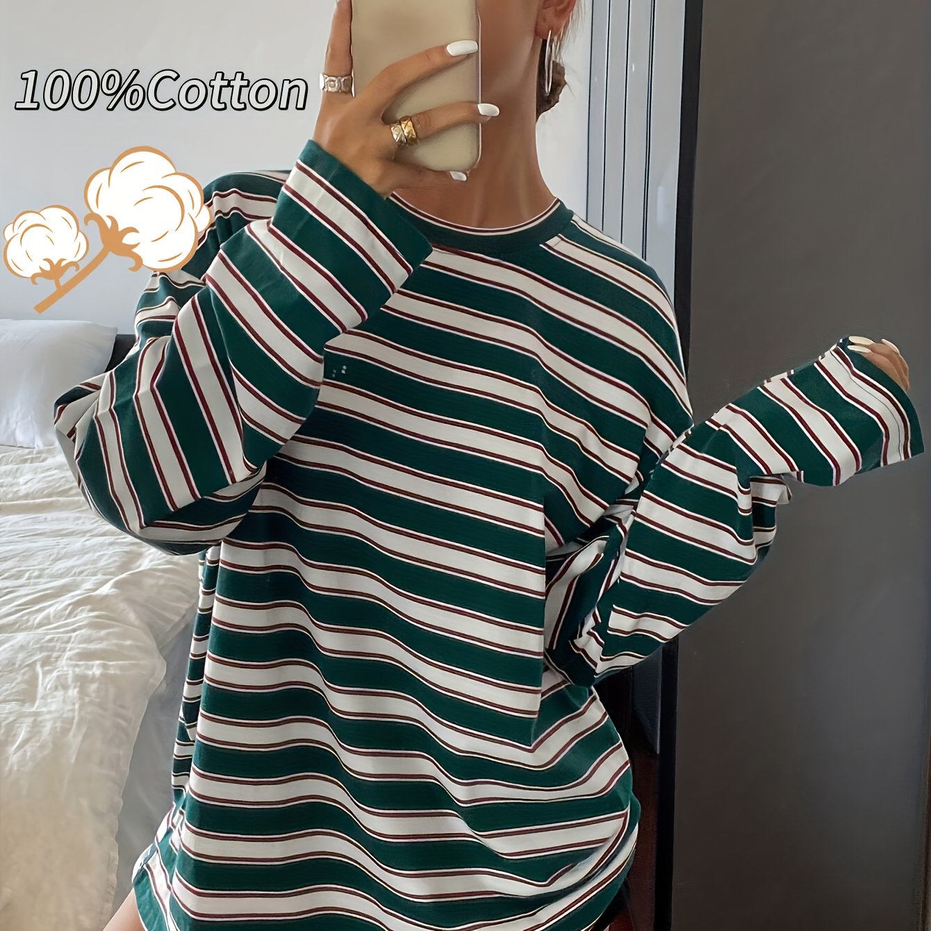 Image of Elegant Women's Fall Winter New Dual-tone Striped Print Round Neck Long Sleeve Loose Casual Fashion Pure T-shirt