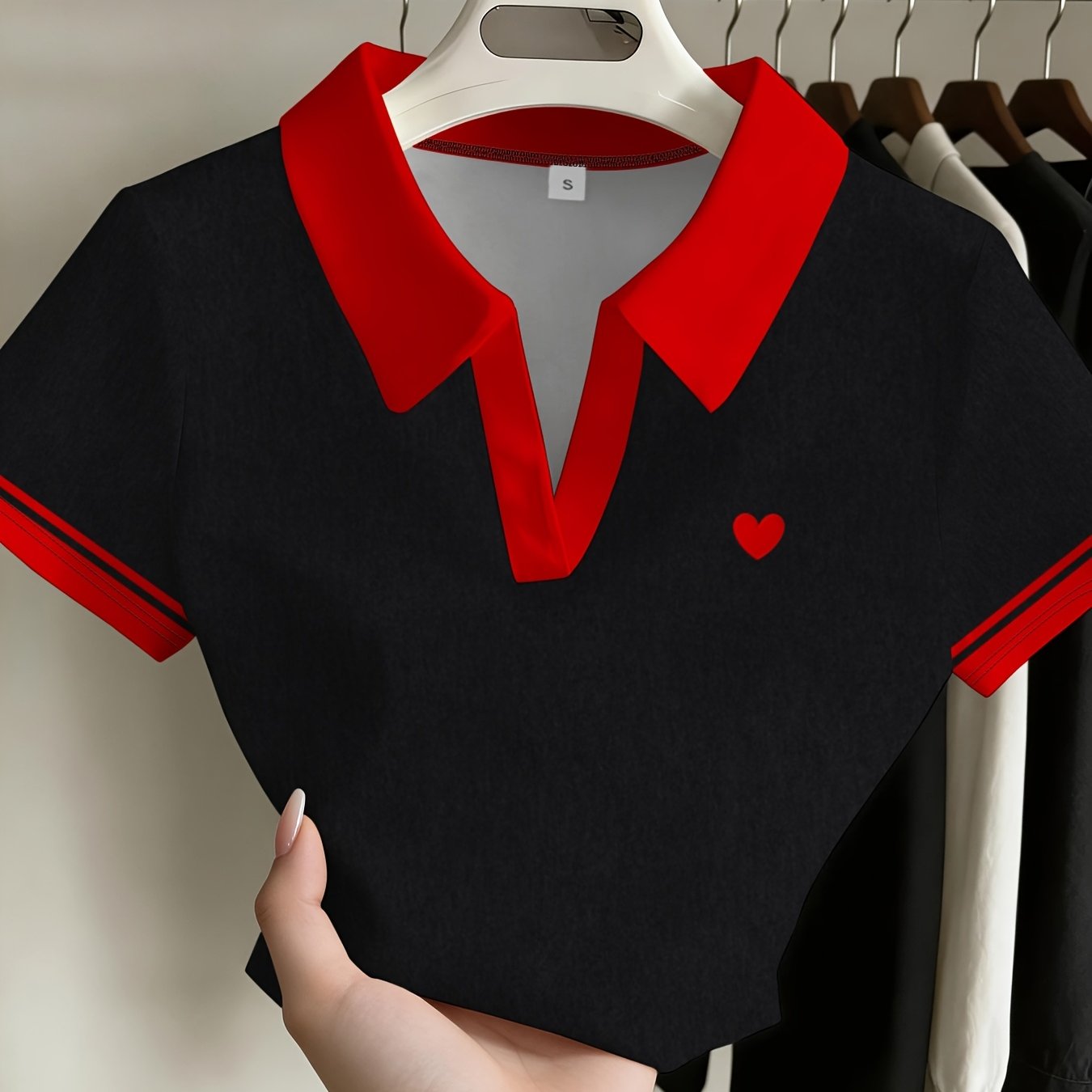 TEMU Fashionable Simple Women's Lapel Short-sleeved Top Black Matching Love All-match Leisure Daily Wear Comfortable Breathable Slim Summer Women's