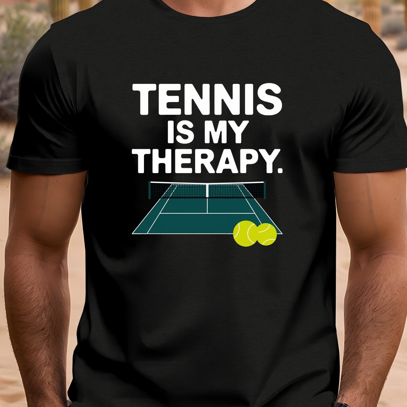 TEMU Men's Short Sleeve Tee With A Round Neck Featuring A Print That 'tennis Is My Therapy', Perfect For Casual Summer Wear