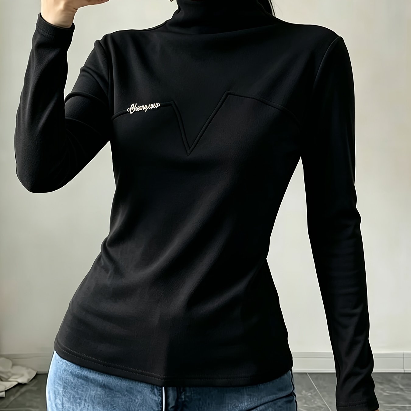 TEMU Cozy Thermal Half Turtleneck Long Sleeve Shirt For Women, Stretchy Soft Fabric, Fitted Basic Top, Casual Daily Wear, Solid Color With Chic Metal
