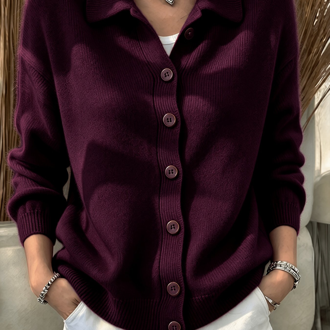 TEMU European And Size Women's Autumn/winter High-end Elegant Casual Soft And Smooth Lapel Cardigan Knitwear