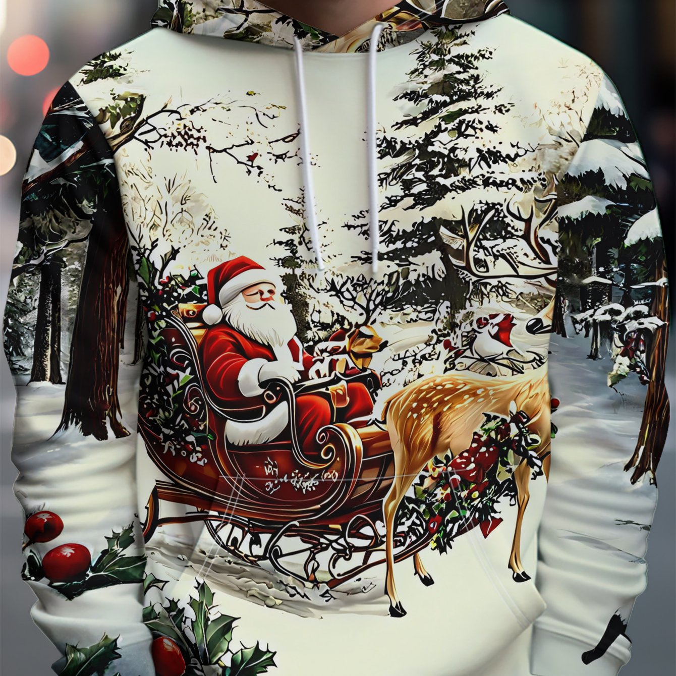 TEMU Men's Streetwear Hooded Sweatshirt - Santa Claus In A With Reindeer Standing His Sleigh. Full Of Streetwear Brand Style, Rich In Patterned